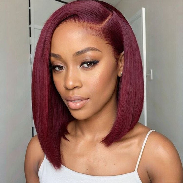 Glueless 99J Burgundy 13x4 Frontal Lace Straight Short Bob Wig - Superlovehair